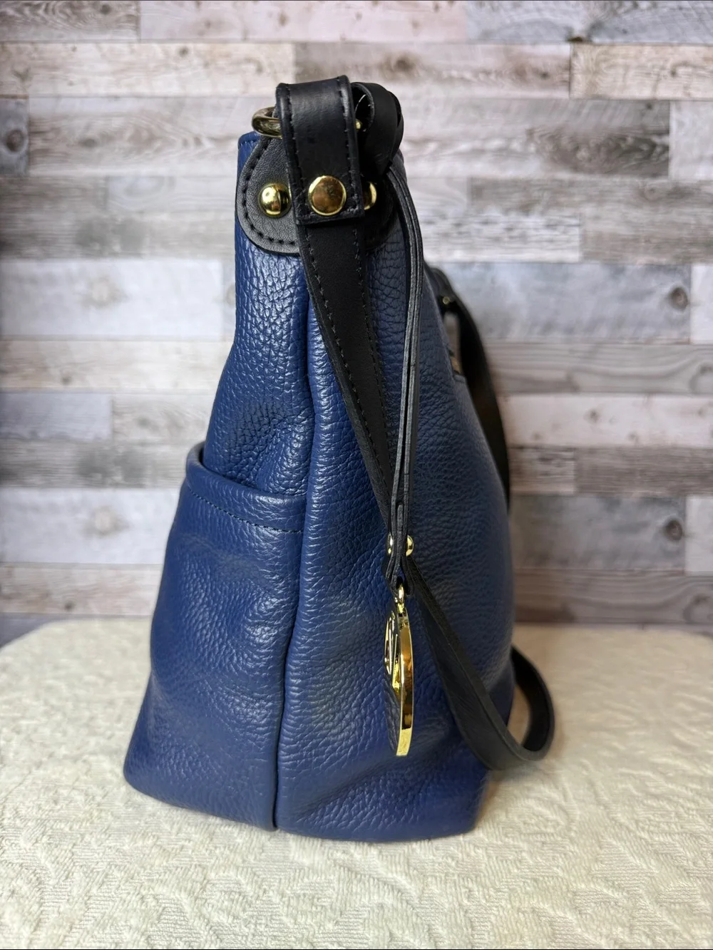 Valentina Navy Blue Pebbled Leather Crossbody with Gold Hardware